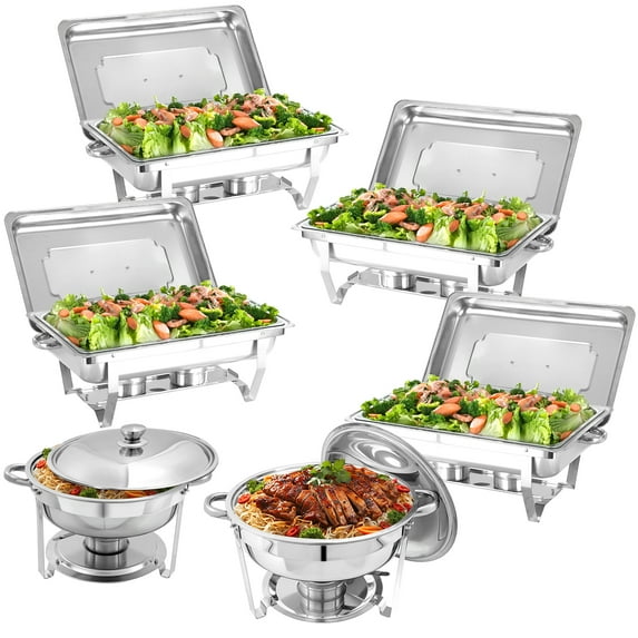 EVGTTI 6 Pack Chafing Dish Buffet Set, 5Qt Round×2+full pan×4 Stainless Steel Catering Warmer Set with Water Pan for Parties, Events, Wedding, Camping, Dinner