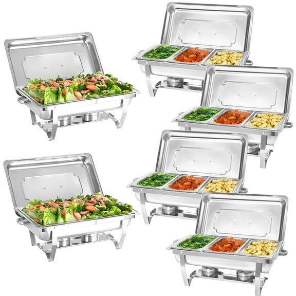 EVGTTI 6 Pack Chafing Dish Buffet Set, 8Qt Rectangular 1/3 Pan×4+full pan×2 Stainless Steel Catering Warmer Set with Water Pan for Parties, Events, Wedding, Camping, Dinner