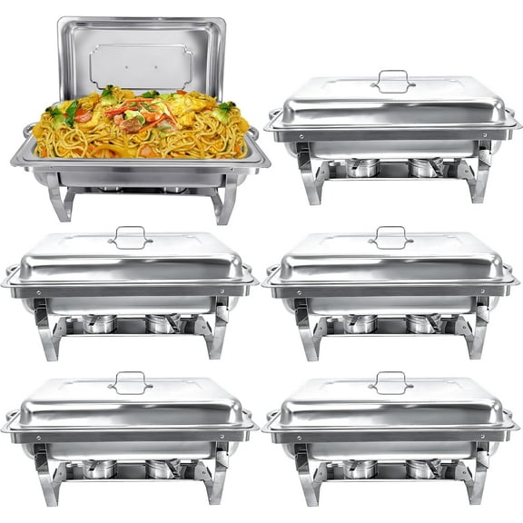 EVGTTI 6 Pack Chafing Dish, High Grade Stainless Steel Chafer, Rectangular Food Warmer Foldable Complete Set with Full Size Food Pan, Lid, Fuel Holder for Buffet