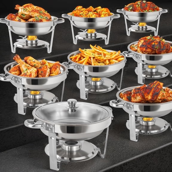 EVGTTI 8 Pack 5QT Chafing Dish for Buffet, Round Stainless Steel Chafing Dish with Glass Lid for Catering, Events, Weddings