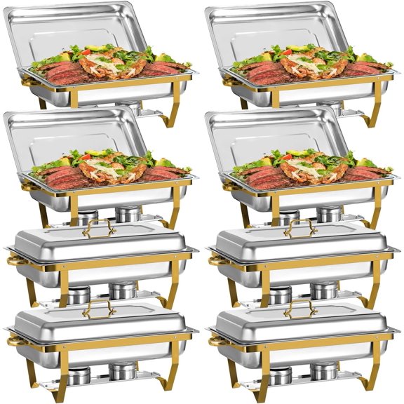 EVGTTI 8 Pack 8QT Gold Chafing Dish Buffet Set, High Grade Stainless Steel Chafing Dish with Foldable Frame for Parties, Events