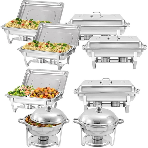 EVGTTI 8 Pack Chafing Dish Rectangular 8QT Full pan×4+Half pan×2+Round 6QT×2 Chafers Stainless Steel Catering Buffet Warmer Set for Parties,Events,Wedding,Dinner