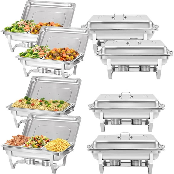 EVGTTI 8 Pack Chafing Dish Rectangular Half pan×4+Full pan×2+1/3 pan×2 Chafers Stainless Steel Catering Buffet Warmer Set for Parties,Events,Wedding,Dinner