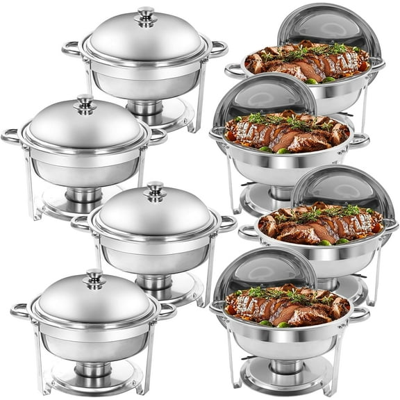 EVGTTI 8 Pack Round Chafing Dish Buffet Set, 6QT Stainless Steel Chafing Dish, Chafers and Buffet Warmer Sets for Wedding, Rolled-Edge Design