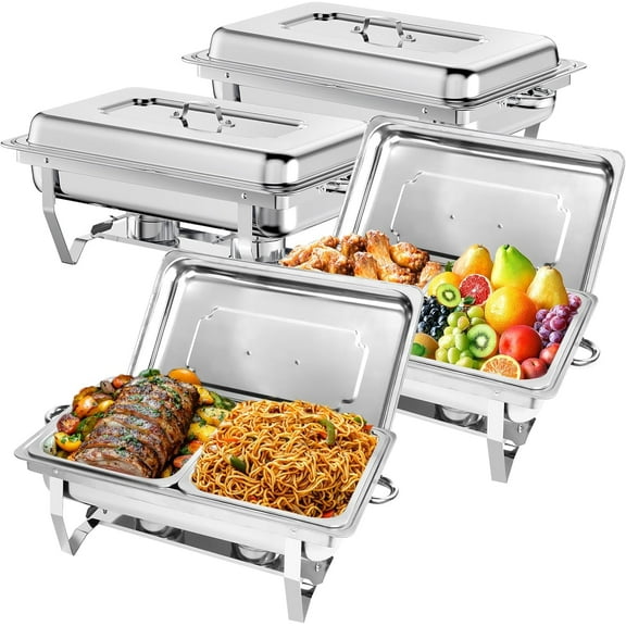 EVGTTI 8QT Chafing Dishes, 4 Pack High Premium Stainless Steel Complete Set with Half Size Food Pan, Chafing Dish Buffet Set for Gatherings Banquet