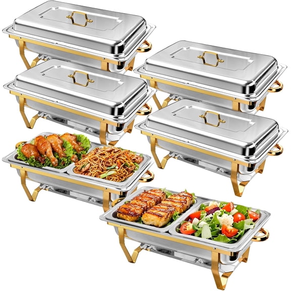 EVGTTI 8QT Chafing Dishes, 6 Pack Golden High Premium Stainless Steel Complete Set with Half Size Food Pan, Chafing Dish Buffet Set for Gatherings Banquet