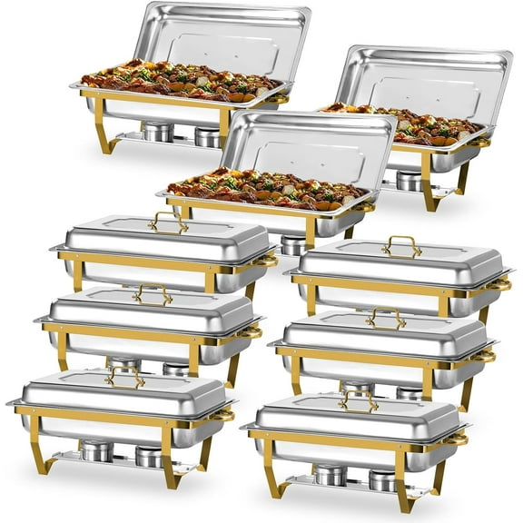 EVGTTI 9 Pack 8QT Gold Chafing Dish Buffet Set, High Grade Stainless Steel Chafing Dish with Foldable Frame for Parties, Events