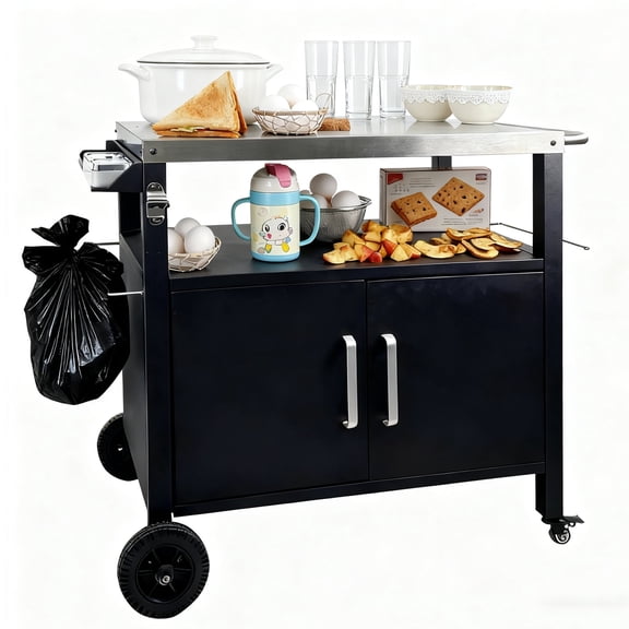 EVGTTI Movable Kitchen Island Cart with Storage, Outdoor Grill Table with Stainless Steel Countertop, Multi-Purpose Prep Cart, Black