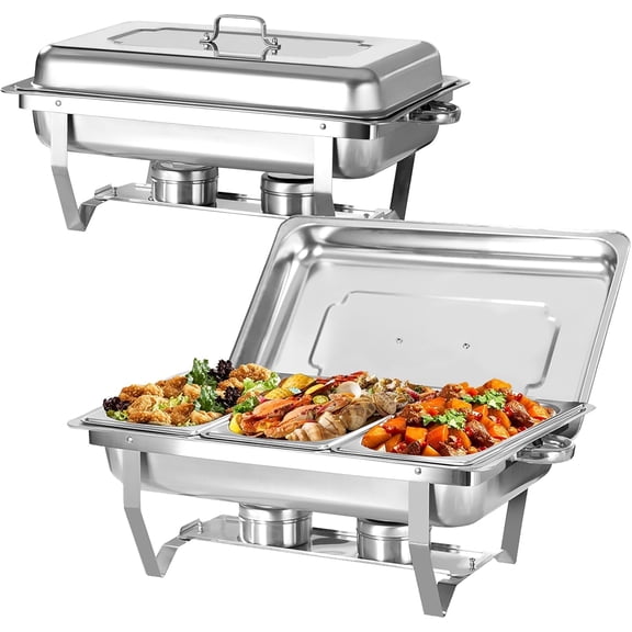 EVGTTI Stainless Steel Chafing Dish Buffet Set, 2 Pack 8 QT Catering Warmer Set with 1/3 Size Food Pan, Foldable Frame for Dinner, Party, Banquet