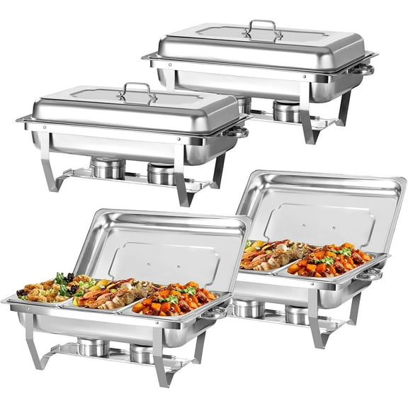 EVGTTI Stainless Steel Chafing Dish Buffet Set, 4 Pack 8 QT Catering Warmer Set with 1/3 Size Food Pan, Foldable Frame for Dinner, Party, Banquet