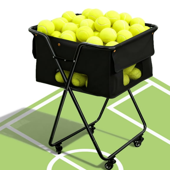 EVGTTI Tennis Ball Hopper Cart, Portable Tennis Ball Basket for Serve Training, Foldable Tennis Ball Cart with Storage Bag, Pickleball Baseball Hopper Basket with 4 Wheels