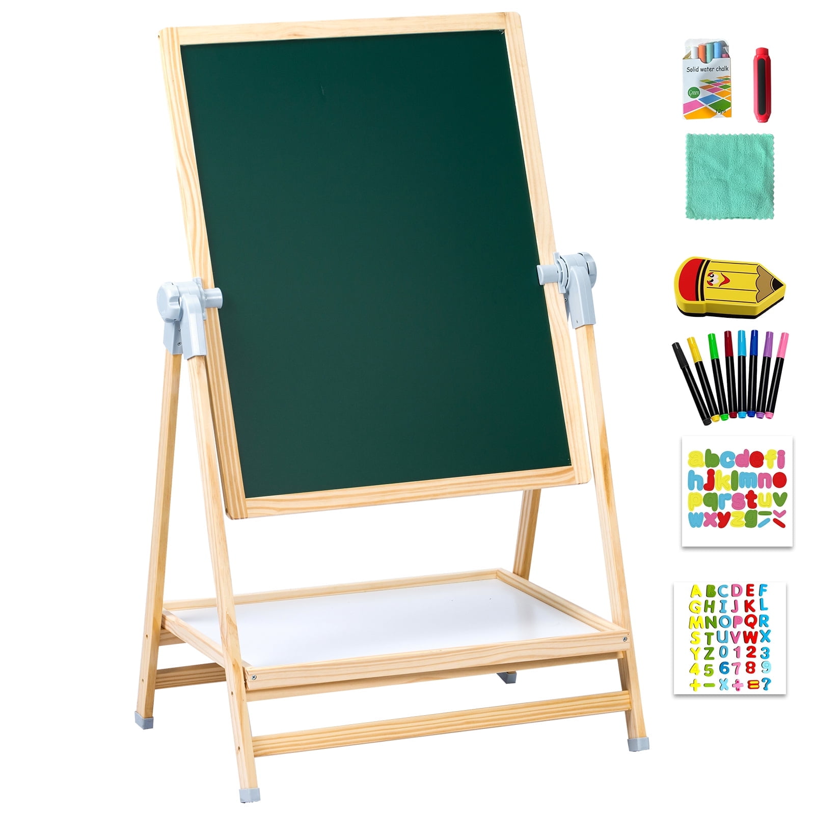 EVGTTI Art Easel for Kids, Adjustable Double-Sided Magnetic Easel, Wooden Kids Art Easel with Shelf, Safe Learning Toy for Boy & Girls