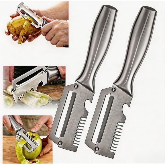 EVHRZN 3 in 1 Multifunctional Vegetable Peeler, Stainless Steel Fruit Peeler with Wooden Handle, Bottle Opener & Grater, Kitchen Gadget for Potato, Carrot, Apple, Pumpkin, Garlic