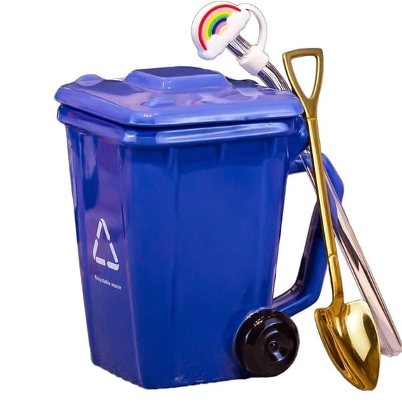 EVHRZN Creative trash can coffee cup with lid spoon and straw, 13 ounce fun office desk recycling bin ceramic cup, unique novelty cup gift for male and female colleagues (Recycling bucket cup