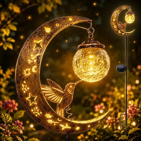 EVHRZN Half  Half Moon Solar Hummingbird Lights Outdoor, Waterproof Fairy Crackle Glass Light, Openwork Bird Garden Decor with Broken Glass, Garden Yard Stake, Back Patio Pathway Balcony Lanterns
