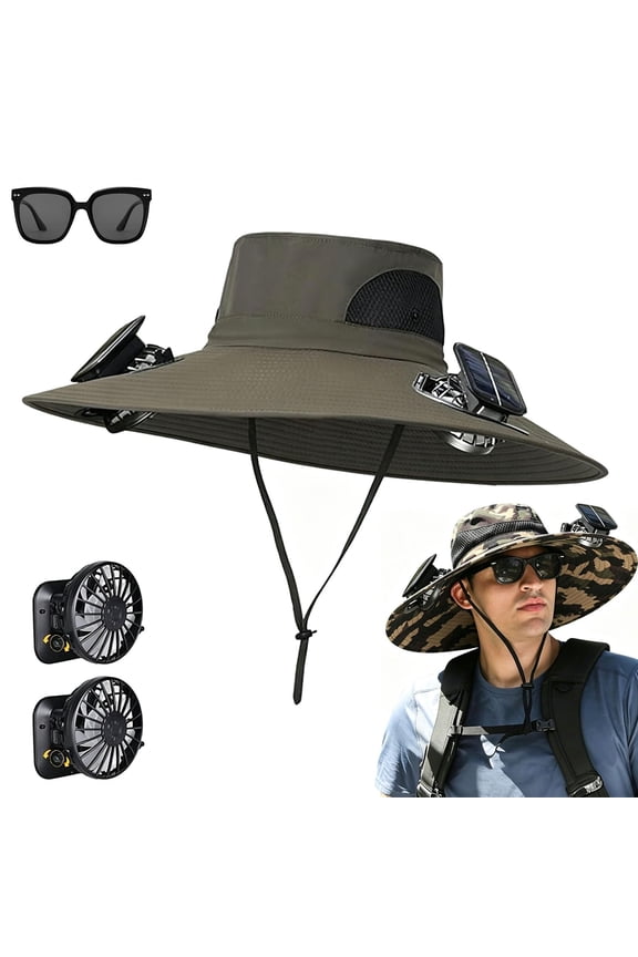 Outdoor Wide Brim Sun Hat with 2 Solar Fan, 50+ Sun Bucket Hat, Waterproof Breathable Fishing Hat, for Men Women