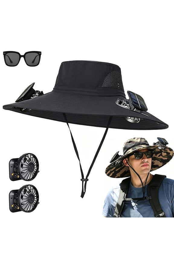 Outdoor Wide Brim Sun Hat with 2 Solar Fan, 50+ Sun Bucket Hat, Waterproof Breathable Fishing Hat, for Men Women