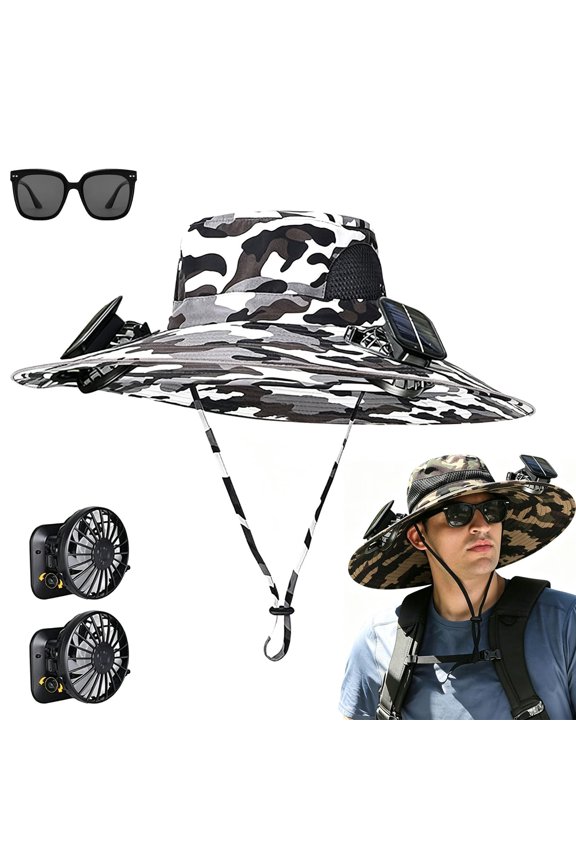 Outdoor Wide Brim Sun Hat with 2 Solar Fan, 50+ Sun Bucket Hat, Waterproof Breathable Fishing Hat, for Men Women