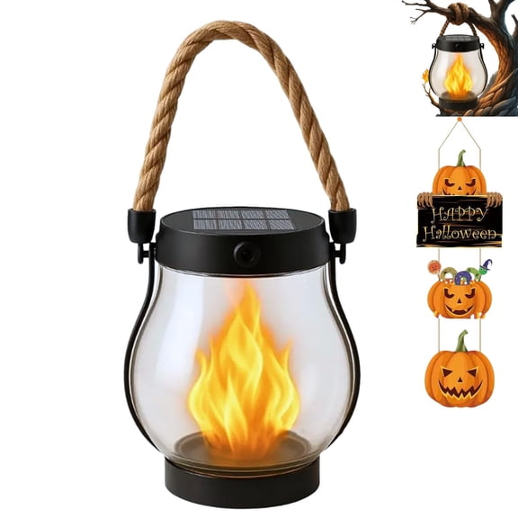 EVHRZN Solar Lantern Outdoor Lights, Flickering LED with Hemp Rope Handle, Dual Charging (Solar & USB), Water-Resistant Hanging Decor for Garden, Yard, Patio, Porch, Pathway, Camping