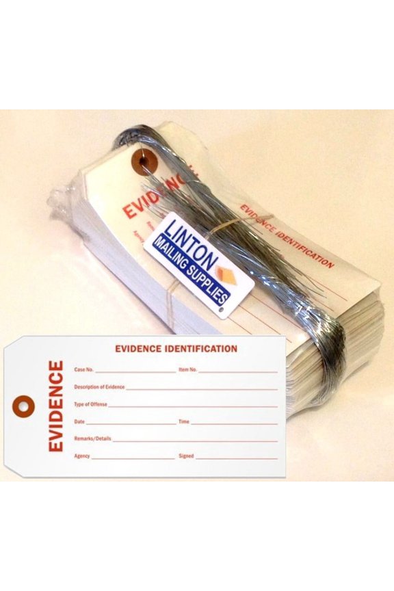 "EVIDENCE IDENTIFICATION" Tag, 6.25" x 3.125" Durable White Cardstock with Reinforced Hole, Pre-Wired - Pack of 100 Tags