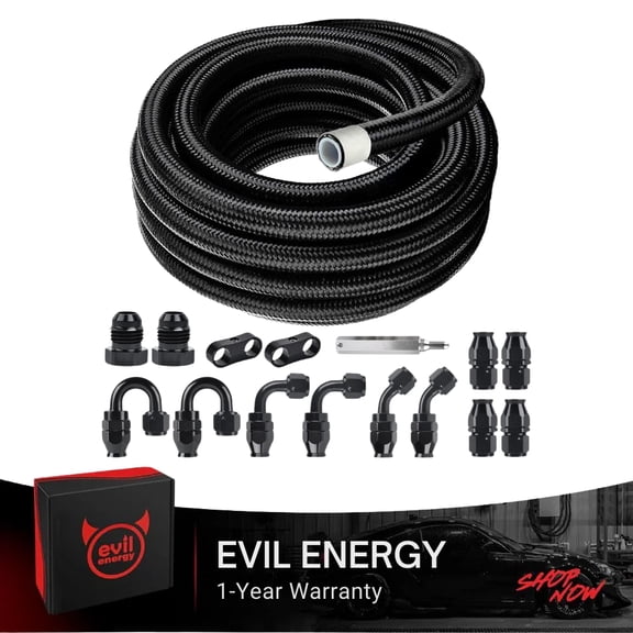 EVIL ENERGY 12AN 20FT PTFE Fuel Line Kit - E85 Black Nylon Braided Hose with 10 Fittings, 2 Caps & Clamps, for Gas/Diesel EFI Systems