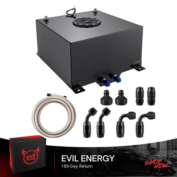 EVIL ENERGY 20 Gallon Aluminum Fuel Cell Gas Tank with Fuel Level Sender & 6AN 12FT CPE Fuel Line Kit, Anti-Slosh Foam, for Gasoline Diesel Drift Drag Race Custom Builds, Black