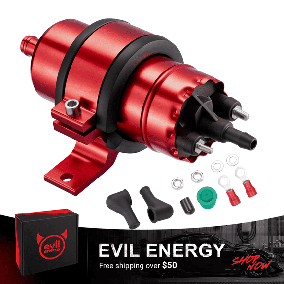EVIL ENERGY 255 LPH External Electric Fuel Pump for EFI–12V 150 PSI Max, Inline Mount, Gas/Diesel, Fuel Injection Systems-Red