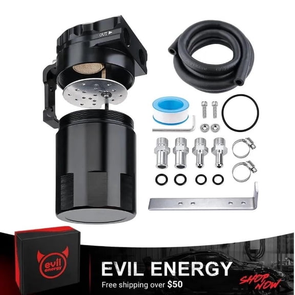 EVIL ENERGY 300ml Baffled Oil Catch Can With Rubber Hose Kit Black Aluminum for Turbo/NA Engines