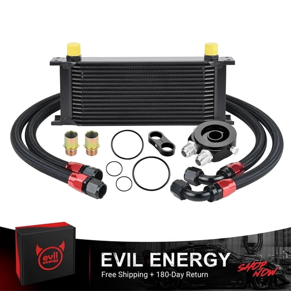 EVIL ENERGY 330mm 16 Row Oil Cooler Kit, AN10 Universal Transmission Engine Oil Cooler with Nylon Braided CPE Hose, Aluminum Stacked Plate Cooler for Car Truck Racing Towing