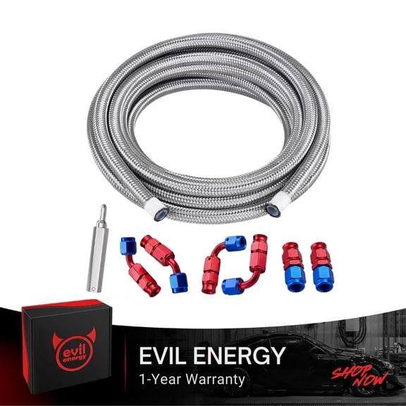 EVIL ENERGY 3AN PTFE Fuel Line Kit 10FT, Silver Stainless Steel Braided Fuel Hose Kit for LS Swap EFI Engine, E85 Ethanol Gasoline Fuel Line