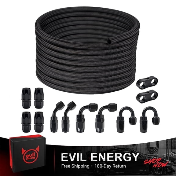 EVIL ENERGY 4AN 20FT CPE Fuel Line Kit Black Nylon Stainless Steel Braided Fuel Hose with 10PCS AN4 Swivel Fitting Adapters, Oil Gas Fuel Hose End Fittings Kit