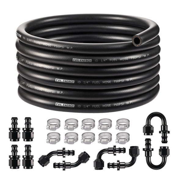 EVIL ENERGY 4AN Fuel Line Kit 20FT CPE Rubber Fuel Hose with Push Lock Fittings & Clamps - 5/8" Barb Black for Gas Diesel E87