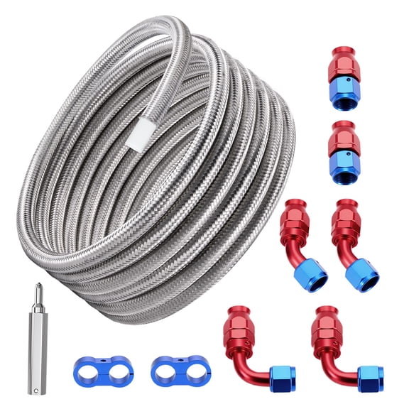 EVIL ENERGY 4AN PTFE Fuel Line Kit 10FT, Silver Stainless Steel Braided Fuel Hose Kit for LS Swap EFI Engine, E85 Ethanol Gasoline Fuel Line