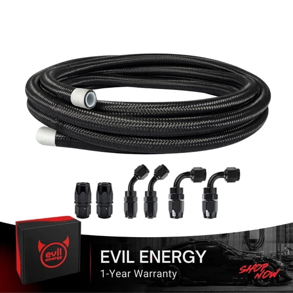 EVIL ENERGY 6AN 16FT PTFE Fuel Line Kit - E85 Black Nylon Braided Hose for LS Swap EFI, with 6 Fittings & Adapters