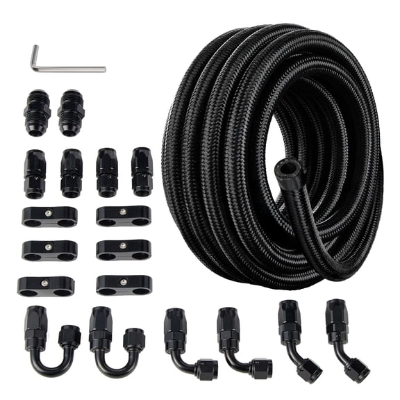 EVIL ENERGY 6AN 20FT CPE Fuel Line Kit – Black Nylon Stainless Steel Braided Fuel Hose with 10 AN6 Swivel Fittings, 2 AN6 Male-to-Male Adapters & 6 Clamps