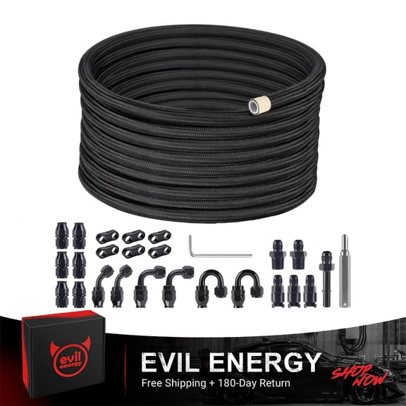 EVIL ENERGY 6AN PTFE Fuel Line Kit 26FT, E85 Nylon Braided Hose with AN6 Fittings for LS Swap EFI Fuel Systems