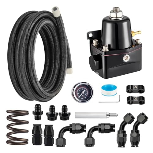 EVIL ENERGY EFI Fuel Pressure Regulator Kit Adjustable 20-120 PSI with Gauge, 6AN PTFE Fuel Line Fitting Connectors Kit, Universal Aluminum E85 Fuel Injection Bypass Regulator