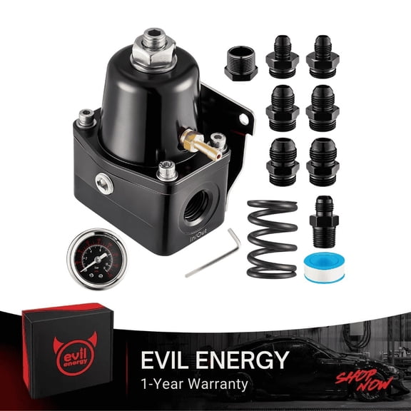 EVIL ENERGY Fuel Pressure Regulator Kit 6AN Adjustable Bypass Return Style with Gauge, for E85 Ethanol & Gasoline EFI Fuel Injection Systems, 20-75 PSI / 75-120 PSI, Red