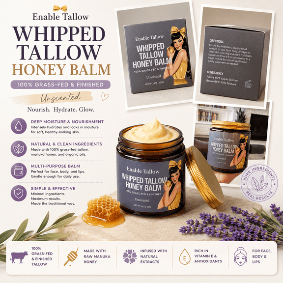 EVIL GOODS Whipped Tallow Honey Balm, Unscented , 4 oz (120 g), Grass-Fed Beef Tallow & Manuka Honey Moisturizing Balm for Face, Body & Lips
