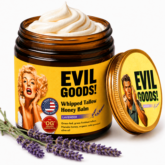 EVIL GOODS Whipped Tallow & Manuka Honey Balm, 4 oz, Lavender – Natural Face Moisturizer, Body Lotion & Lip Balm for Dry, Sensitive Skin