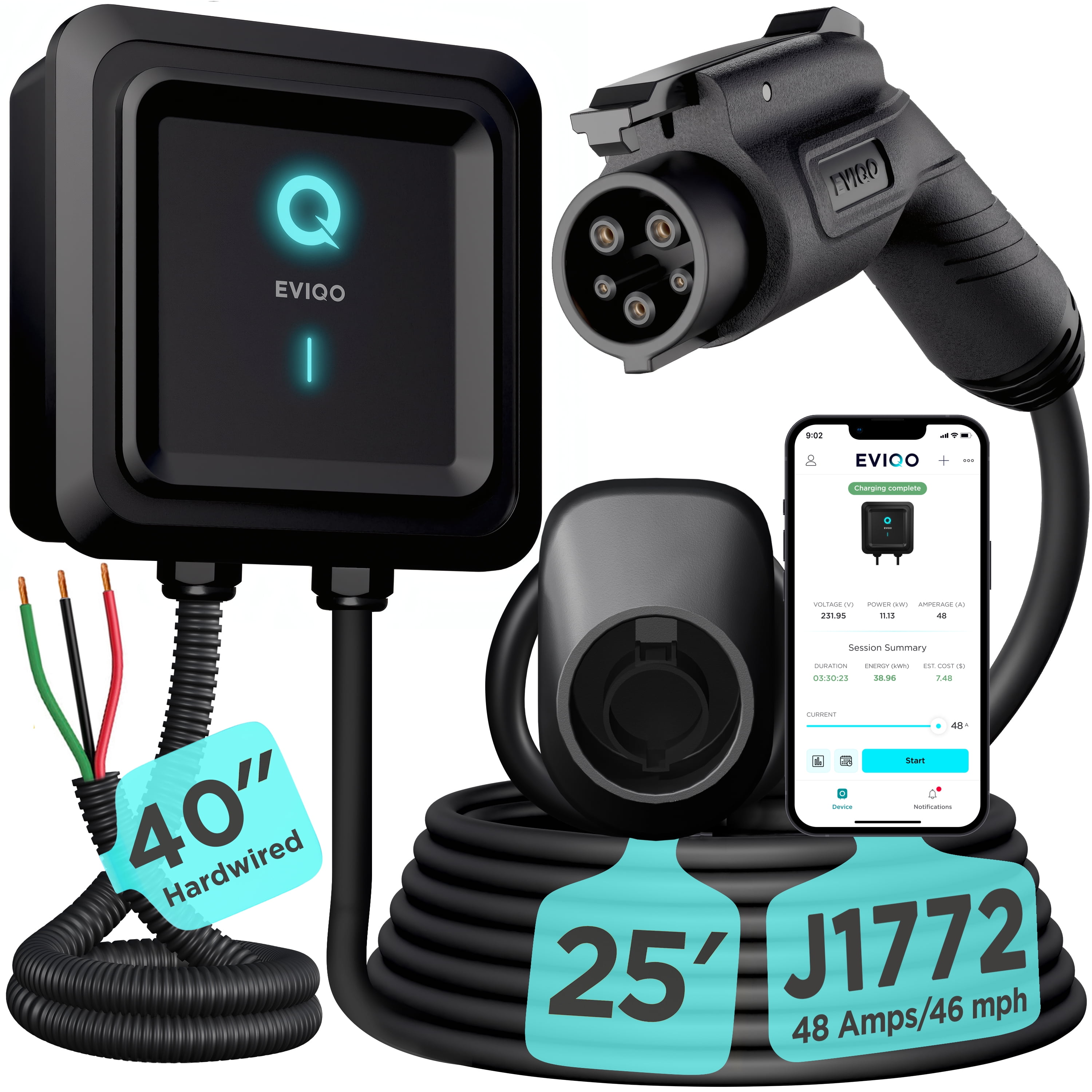 EVIQO Level 2 EV Charger - 48 Amp, NEMA 14-50, 240V J1772, 25