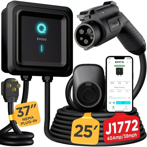 EVIQO Level 2 EV Charger - 48 Amp, NEMA 14-50, 240V J1772, 25' Cord, Certified