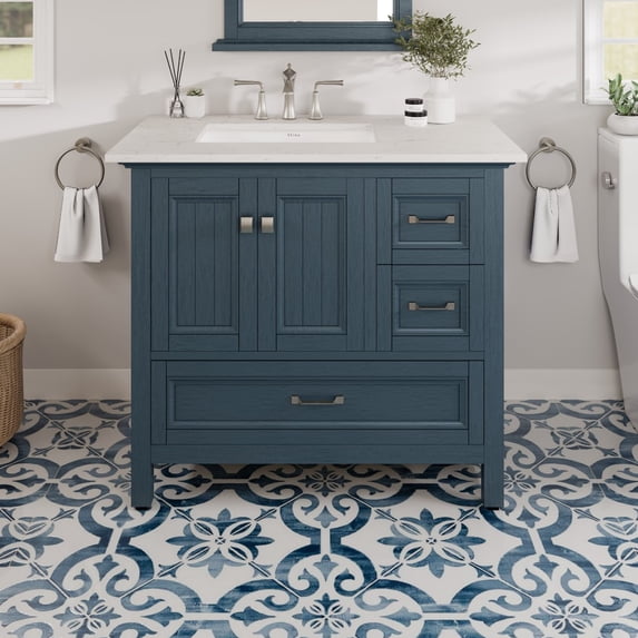 EVIVA Britney 36 Inch Transitional Ash Blue Bathroom Vanity with Carrara Quartz Countertop