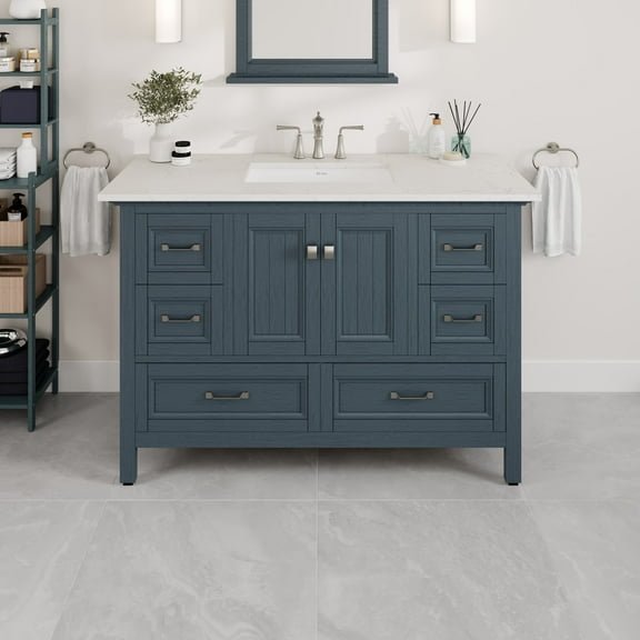 EVIVA Britney 48 Inch Single Sink Transitional Ash Blue Bathroom Vanity with Carrara Quartz Top