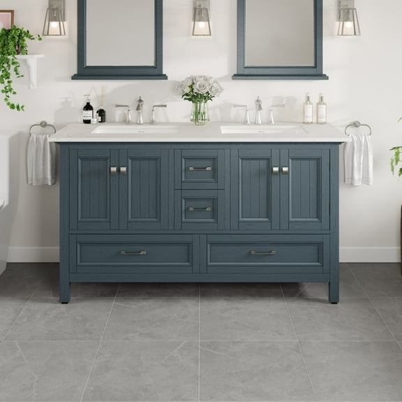 EVIVA Britney 60 Inch Transitional Ash Blue Bathroom Vanity with White Carrara Quartz Countertop
