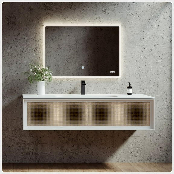 EVIVA Nets 44 Inch Natural Oak and White Wall Mount Modern Bathroom Vanity