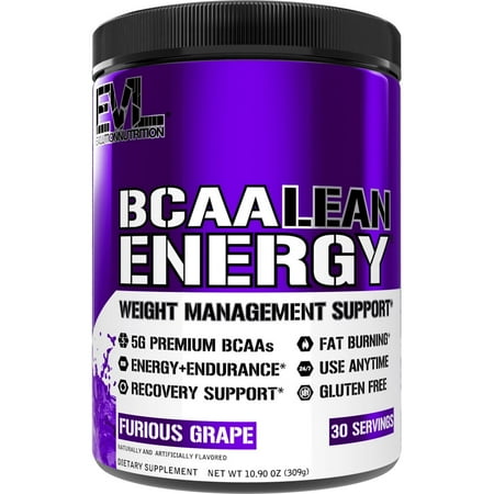 EVL Nutrition BCAA Energy Powder - Natural Fat Burner & Pre Workout BCAA Powder for Performance & Recovery - Evlution Nutrition BCAA Lean Energy 30 Servings Furious Grape Flavor