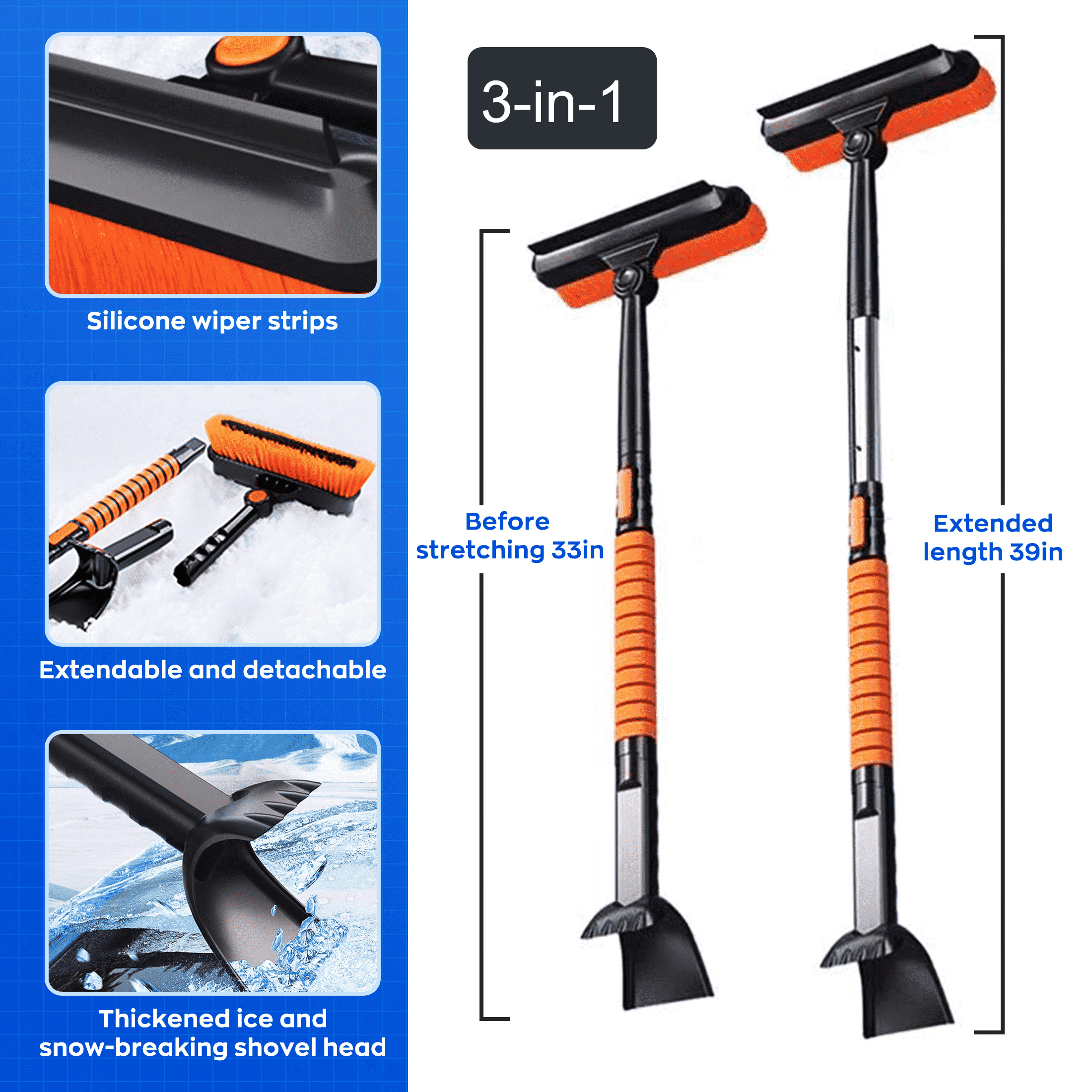 EVLIVE 3-in-1 Rotating Telescoping Snow Brush, with Silicone Squeegee & Heavy-Duty Ice Scraper, Extendable Car Snow Brush (33-39 Inches)