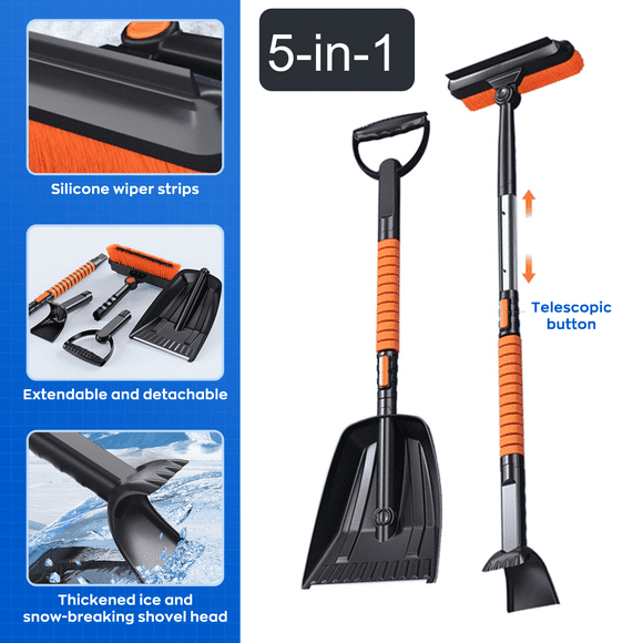 EVLIVE 5-in-1 Snow Brush with Rotating Telescoping Design, Detachable Car Snow Removal Tool with Silicone Squeegee and Upgraded Tempered Shovel