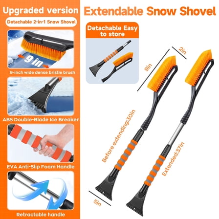 EVLIVE Telescoping Snow Brush and Ice Scraper 2-in-1, with 9" Extra-Wide Dense Bristles & EVA Non-Slip Grip, Extendable Car Snow Brush (30-37 Inches)